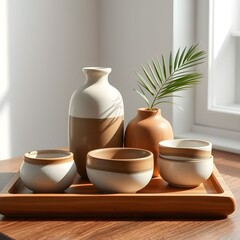 A collection of ceramic vases and bowls in neutral tones arranged on a wooden tray, bathed in soft sunlight near a window.