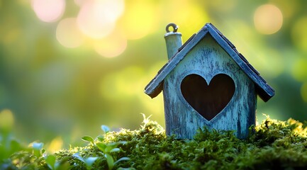 Rustic blue birdhouse with heart-shaped entrance sits on moss against soft bokeh nature background, creating romantic garden atmosphere.