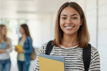 Happy Latina student girl is smiling and holding a yellow folder. She is surrounded by other girls. Scene is happy and friendly