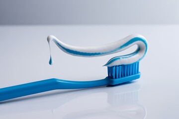 Vibrant blue toothbrush with fresh toothpaste swirl and drop, symbolizing clean oral hygiene and healthy smiles