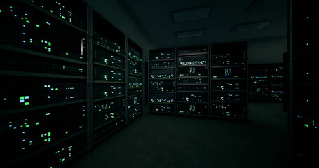 Rows of glowing servers light up the dark room with a mesmerizing green. The atmosphere is serene, with a sense of technology at work during the quiet night hours.