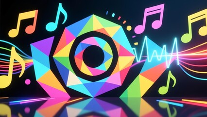Obraz premium Futuristic kaleidoscope of sound and light with glowing music notes and audio waves