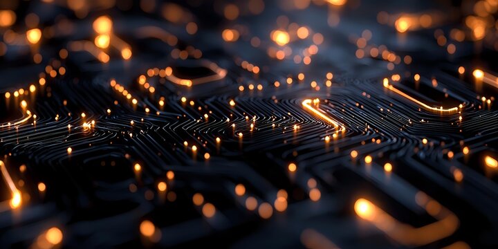 Glowing orange circuit paths on dark electronic board with shallow depth of field, creating futuristic technology pattern with luminous connections.