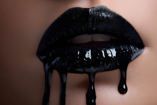 Close-up of glossy black lips with dripping liquid lipstick, bold dark beauty and avant-garde makeup concept - Powered by Adobe
