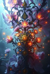 Obraz premium Ornate floral design with glowing flowers and intricate dark metalwork against a soft, ethereal blue background.