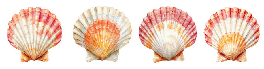Beautiful watercolor painted scallop shells in various shades of pink, orange, and white, perfect for beachy designs, PNG set Transparent backround