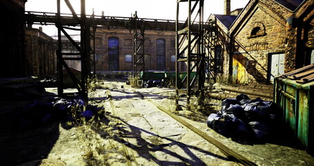 Rusting metal structures rise against the clear sky, casting long shadows on cracked pavement. Discarded debris and wild grasses reclaim the abandoned site, evoking a sense of forgotten history.
