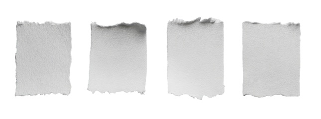 Four blank, tattered paper rectangles
