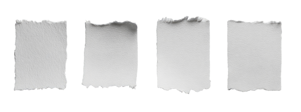 Four blank, tattered paper rectangles