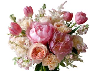 A blush pink and peach floral bouquet.  A mix of tulips, peonies, roses, and other blossoms in a soft pastel palette