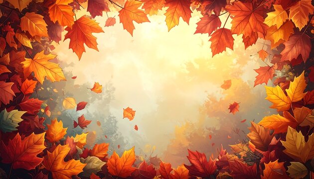 Autumn leaves frame a warm, bright scene