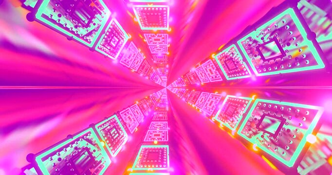 A captivating tunnel filled with pulsating lights and geometric patterns extends infinitely. The vibrant colors and dynamic movements engage viewers in a mesmerizing visual journey.