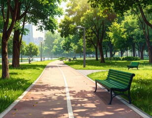 A serene park scene, vibrant with lush greenery and sunny light, displays a paved walking path, park benches, and gentle shadows.