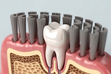 Sparkling white tooth surrounded by soft bristles, showcasing meticulous dental hygiene and oral care for a healthy smile