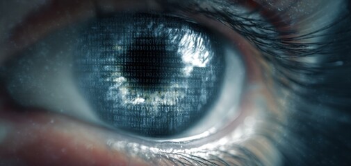 The Eye of Digital Surveillance Reflecting Binary Data and Futuristic Cyber Security Interface