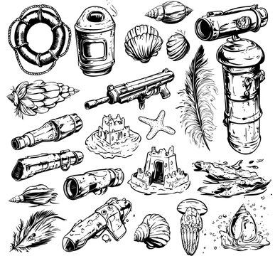 Marine life and beach toys are depicted in the summer collection drawings