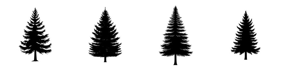 Obraz premium Four minimalist black-and-white silhouettes of evergreen trees arranged in a simple vector illustration