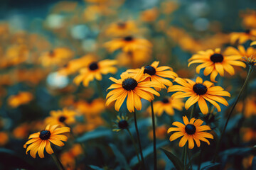 Obraz premium Field of blooming black-eyed susans with golden petals and dark centers, summer sunlight and shallow depth of field.