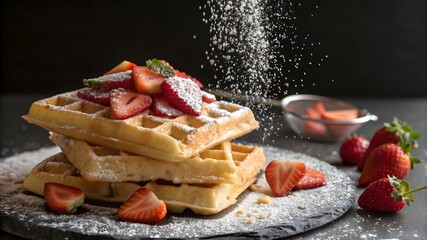 Stack of fresh waffles topped with strawberries and powdered sugar