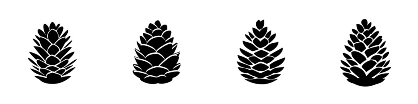 Stylized black-and-white vector illustration of minimalist pine cones in a row, showcasing natural forms through simple silhouette design