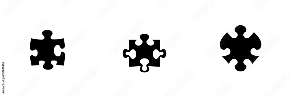 Poster minimalist black-and-white puzzle piece icons representing connection, creativity, and problem solvi