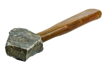 Ancient stone axe with tied wooden handle used in past
