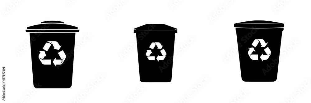 Poster minimalist vector illustration of three black-and-white recycling bins with circular arrows symbol i
