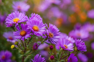 Obraz premium New England aster blooming in an autumn meadow, rich purple petals and golden centers with fall colors around.
