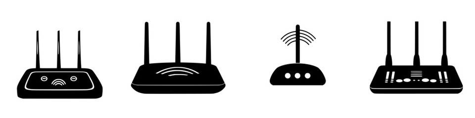 Obraz premium Vector illustration of black and white minimalist internet router icons in simple silhouette style