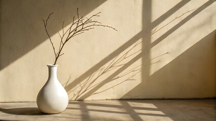 Minimalist vase with dried grass casting long shadows on a textured wall