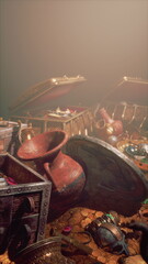 A room filled with a variety of objects and items, including many golden objects and jewelry scattered among dark treasures.