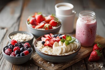 Healthy breakfast with oatmeal fruit and smoothie on wooden table