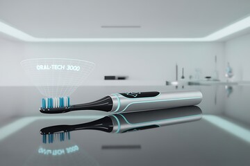 Experience advanced dental care with the futuristic ORAL-TECH 3000 electric toothbrush, showcasing innovation and hygiene in a modern setting.