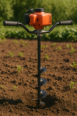 Earth auger machine drilling soil in farmland, agricultural power tool with spiral blade used for planting trees fence posts gardening, modern farming equipment concept, mechanical auger for agricultu