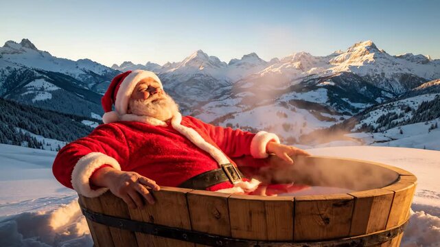 Santa Claus Enjoying Relaxing Spa in Scenic Mountain Landscape