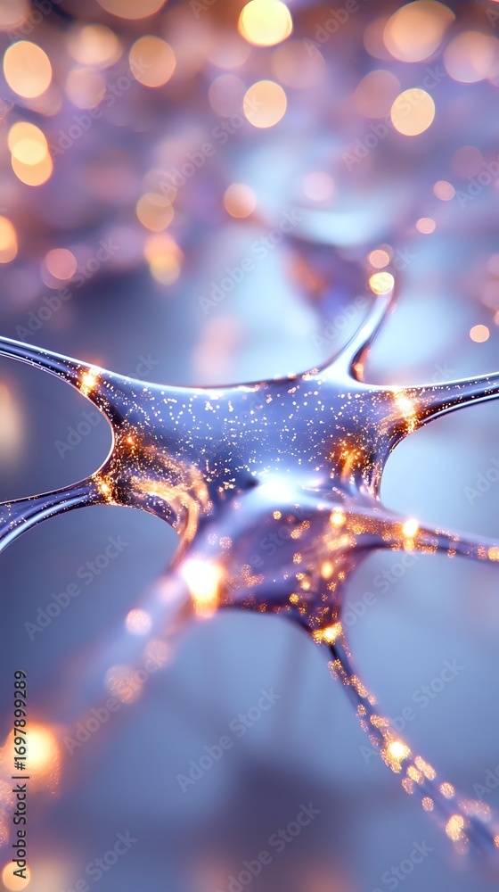 Aufkleber glowing neuron cell with electrical synaptic connections on purple background with bokeh lights, rep