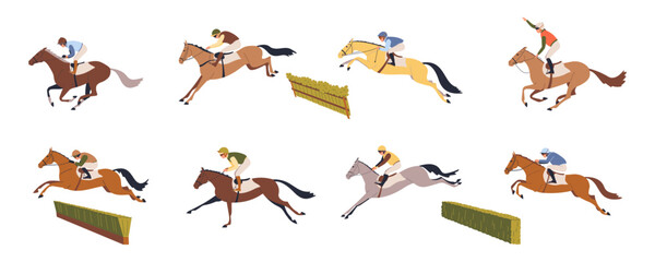 Jockeys and horses jumping over hurdles during steeplechase, colorful vector illustration set