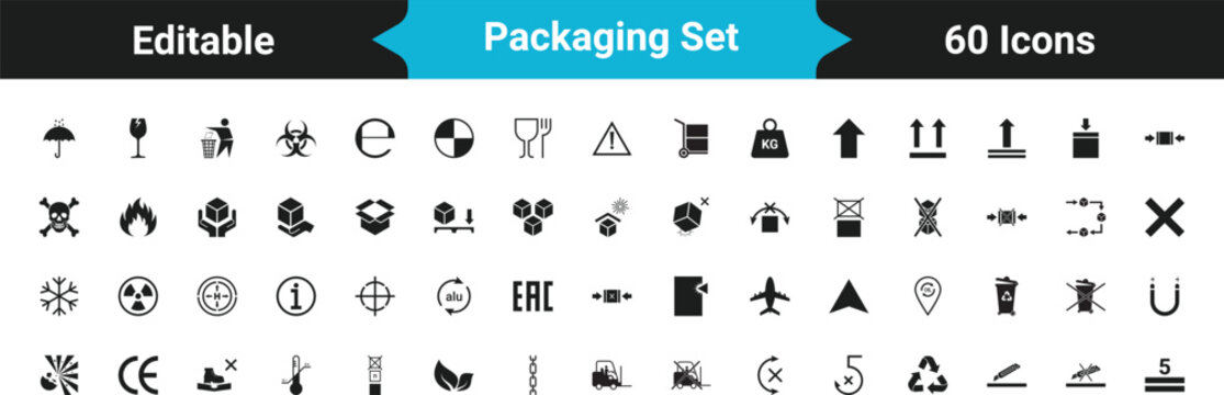 Cardboard packaging icons set, Cargo shipping box and product labeling symbol vector.
