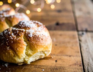Three dusted pastries on rustic wood, festive lights softly blur background