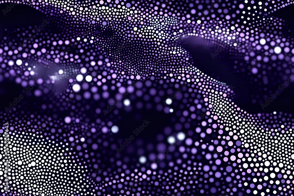 Poster abstract purple and white dotted pattern forming dynamic waves and curves against dark background, c