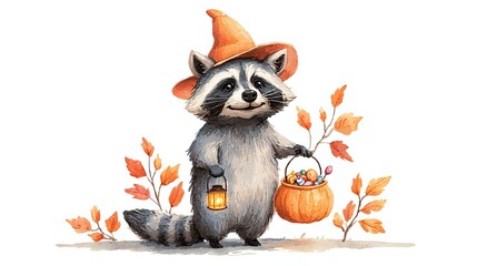 Cute raccoon in orange witch hat holding pumpkin lantern with autumn leaves, watercolor illustration on white background for seasonal fall and Halloween designs.