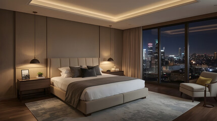Luxurious Modern Bedroom with City Skyline View at Night and Ambient Lighting