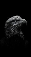 Close-up of an eagle's head, sharply contrasted against a stark black background, showcasing intricate plumage details and a focused gaze.