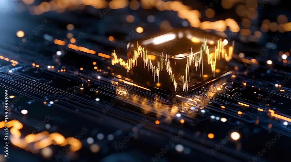 Poster glowing financial chart hologram on computer circuit board with golden light effects and bokeh, futu