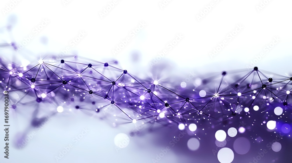 Poster abstract purple network visualization with connected dots and lines forming wave pattern against blu