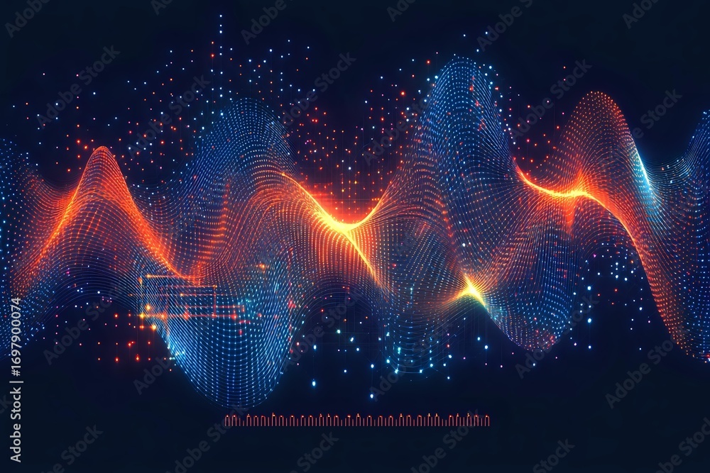 Aufkleber abstract digital wave visualization with glowing orange and blue lines flowing through particle fiel