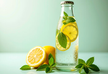 A glass water bottle with lemon slices and mint leaves, hydration and health, condensation on the glass, on a light background, refreshing
