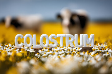 The word "COLOSTRUM" in white letters. A chamomile field with cows in the background. The concept is about health and immune support.