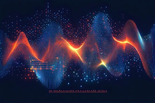 Abstract digital wave visualization with glowing orange and blue lines flowing through particle field against dark background, modern data concept.