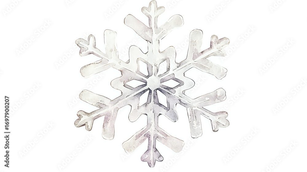 Poster delicate watercolor snowflake in soft gray and white tones on isolated background, featuring detaile